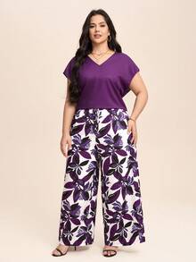 Comfylo Women V-Neck Solid Color Casual Elegant Western Top Pants Set Summer Outfits For Women Vacation Outfits Woman Vacation Wedding Guest Purple - Multicolor - View 5