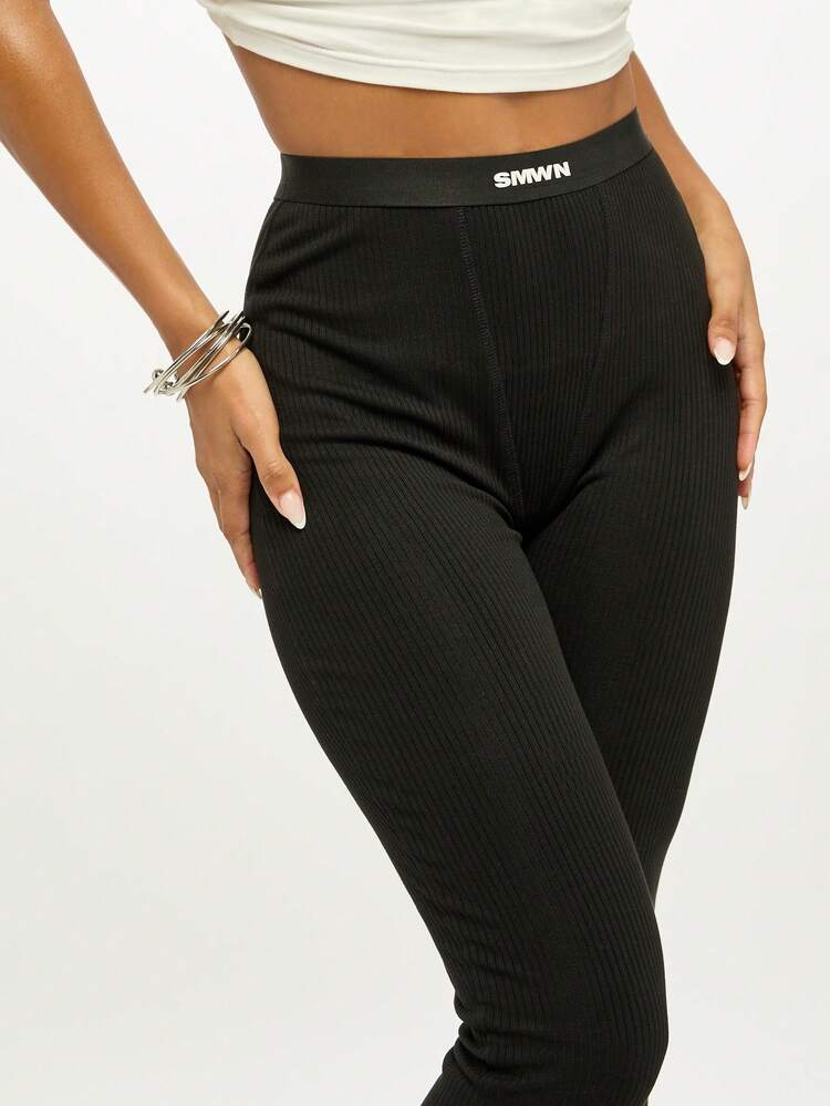 SUMWON WOMEN High Waisted Ribbed Knit Leggings With Branded Waistband