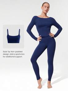 GLOWMODE Modal Ribbed Off-Shoulder Long Sleeve Low Impact Tee Daily Lounge Fall Winter