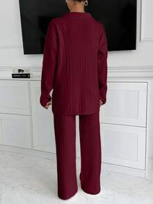 EURMUSE Handmade Stitch Embroidery Sweater And Pant Knit Set - Burgundy - View 2
