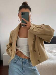 DAZY Áo khoác ngoài dày dáng rộng, dài tay, cài hai hàng khuy, cổ bẻ, thời trang thu/đông cho nữ - Màu Khaki - Xem 4