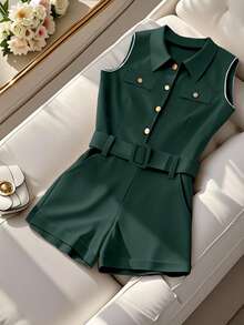 SHEIN PETITE 高腰阔腿连体短裤 - 墨綠色 - 查看 3