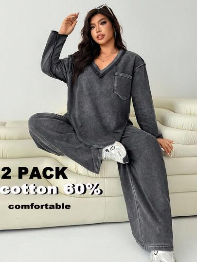 Solflare 大码休闲水洗侧开叉上衣和裤子两件套，秋冬，女士秋季服装舒适套装女式两件套休闲套装女士棉质两件套