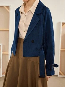 Chiquease Women's Autumn/Winter Bohemian Versatile British Style Loose Cinched Waist Waist Lapel Long Sleeve Casual Jacquard Short Windbreaker - Blue - View 5