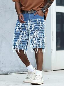 Manfinity LEGND Herren Sommer Mode Straßen Lässig Denim Shorts mit roher Kante, weites Bein, Gürtel nicht enthalten