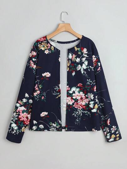 SHEIN Clasi Jaqueta plus size com estampa floral e frente aberta, casual para o outono