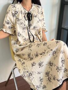 DAZY 印花撞色系带荷叶边长款女士睡袍睡衣，宽松睡裙 - 米色 - 查看 4