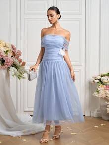 Poshira Vestido formal de verano elegante de mujer con bloqueo de color, decoración floral y volantes de malla