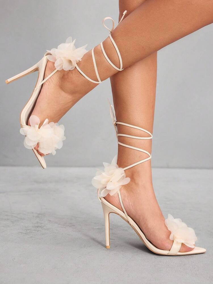 CUCCOO SZL Women's Pointed Toe 3D Floral Decor Elegant High Heel Sandals For Christmas Spring Shoes Prom Heels Summer Shoes