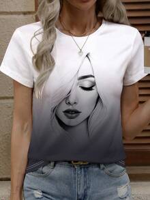 SHEIN LUNE 女式简约人脸线条艺术印花渐变色短袖圆领 T 恤，休闲夏季图案 T 恤 - 彩色 - 查看 1