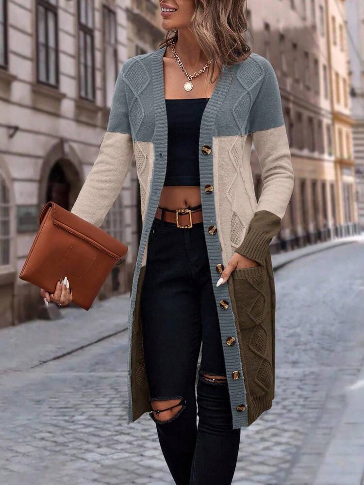EMERY ROSE Cárdigan largo de mujer de manga larga con un solo botonadura, bolsillos y textura geométrica de color block para otoño - Multicolor - Añade 5