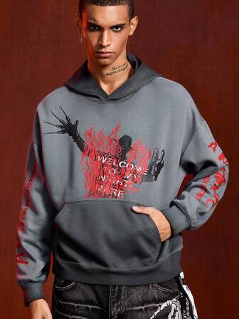 A Nightmare on Elm Street X ROMWE Felpa con cappuccio da uomo con grafica vintage lavata, autunnale