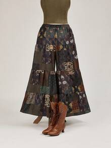 ROMWE Hippie 大码女式 Cottagecore 复古拼布印花阔腿裤 - 彩色 - 查看 5