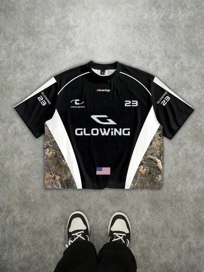 Manfinity Roghcode 大码男式街头风格拼布迷彩撞色宽松T恤