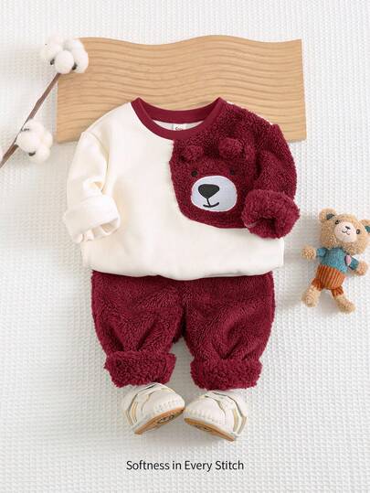 Cozy Pixies 2pcs Baby Boy Cartoon Bear Pattern Contrast Color Round Neck Drop Shoulder Hoodie And Jogger Pants Set Fall Winter