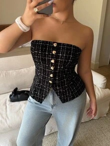 Dripcurv Plus Size Women's Elegant Plaid Front Button Camisole Top, Summer,Women Metal Shell Decor  Fashion Tops,Business Casual Woman,Going Out Tops Women,Old Money Style Women,,Travel, Commuting, Party, Vacation, Old Money Style, Shopping, Banquet, Elegant, Party, Date,Winter,Fall ,Autumn,Halloween,Christmas ,New Year,Thanksgiving, Party - Black - View 3
