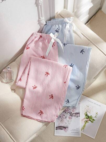 SHEIN 2pcs Women Pink & Blue Striped Heart & Bow Decor Pants Set, Fall Winter Clothes