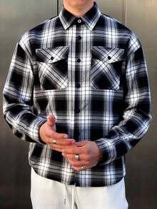SHEIN Camisa xadrez casual de manga comprida para meninos adolescentes, versátil, com bolso de aba, adequada para deslocamento, escola, dia a dia, férias, esportes, festa, outono/inverno - Multicolorido - Ver 2
