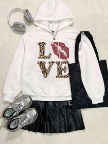 Attitoon Casual Vintage Style Retro Letter LOVE Leopard Lip Print Loose Fit Thick Hoodie Sweatshirt For Women, Suitable For Autumn/Winter, Vintage, Sexy, Cute, Y2K, Bohemian, Hippie, Music Festival, Punk, Y2K, Sexy, Goth,Fall