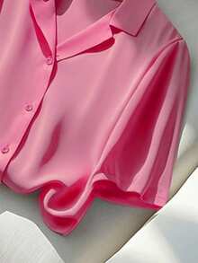 Franclia Versatile Solid Color Turndown Collar Short Sleeve Blouse For Women, Casual Summer Pink Hot Pink - Hot Pink - View 5