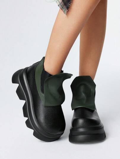 Grunge Punk 2pcs Women's Platform Vintage Color Block Slip-On Shoes, Leather-Like Material, Fashion Versatile Elevator Shoes For Petite, Spring/Autumn 2025