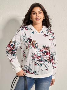 Comfylo Plus Floral Print Drop Shoulder Hoodie Fall Women Clothes Fall Clothes Plus Size Fall Outfits For Women  Fall Outfits Women Light-Colored Printed Knitted Sweatshirt Winter Autumn - White - View 6