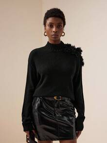 Vesra Women's Casual Solid Color Applique Drop Shoulder Sweater, Autumn/Winter - Black - View 6