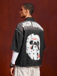 ROMWE MEN Friday the 13th X ROMWE 男式字母和面具印花水洗毛边翻盖口袋牛仔衬衫 - 黑色 - 查看 3