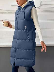 EURMUSE Women's Casual Solid Color Sleeveless Hooded Jacket, Versatile For Winter - Dusty Blue - View 4