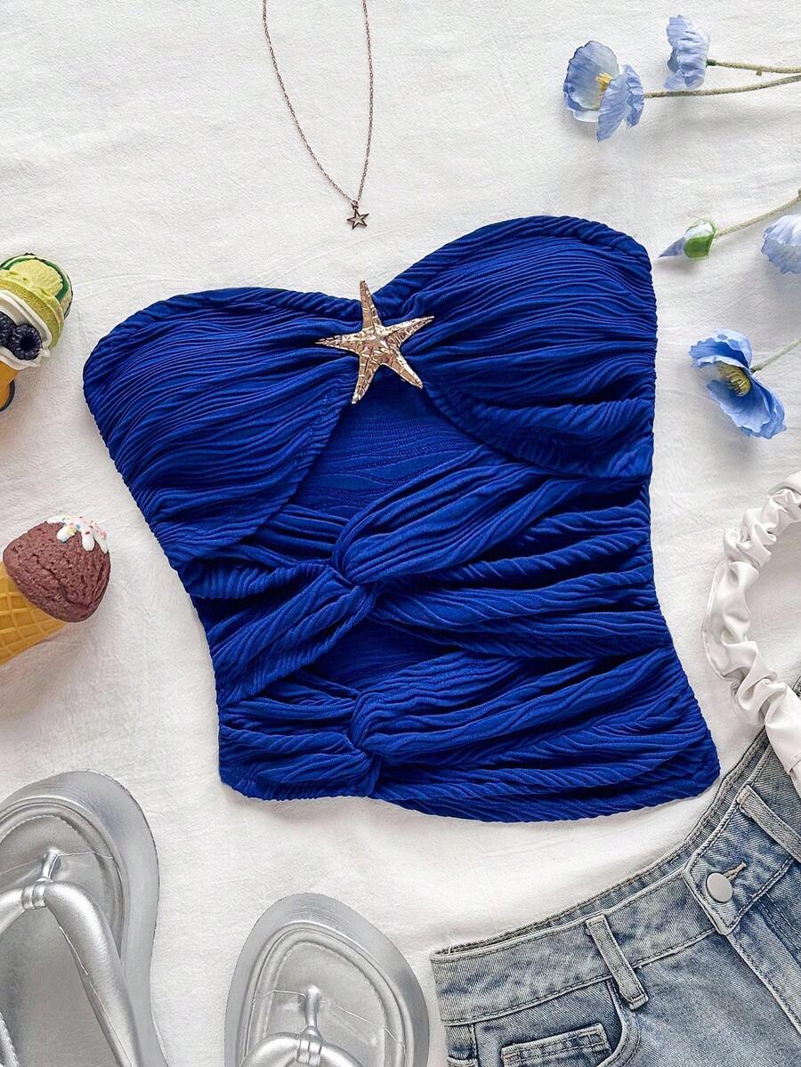 Soleia 女士度假白色针织纹理面料修身露肩上衣，海星镂空不对称下摆，性感修身时尚上衣，适合派对、约会、情人节、狂欢节、复活节、西部、音乐节、海滩、邮轮、春夏季 - 寶藍色 - 查看 1