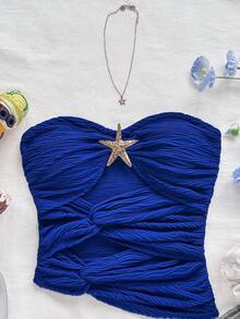 Soleia 女士度假白色针织纹理面料修身露肩上衣，海星镂空不对称下摆，性感修身时尚上衣，适合派对、约会、情人节、狂欢节、复活节、西部、音乐节、海滩、邮轮、春夏季 - 寶藍色 - 查看 7