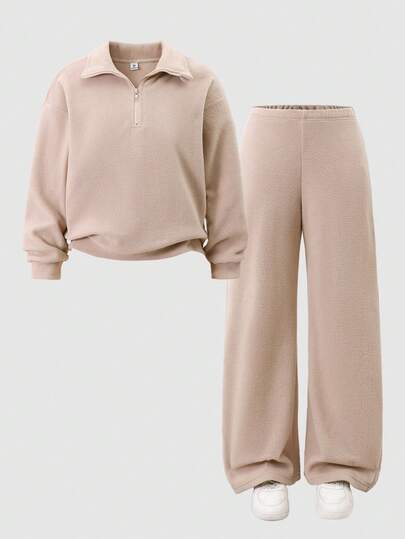 Sparklyn Teen Girl Casual Solid Color Polo Collar Sweatshirt And Pants Set, Autumn Fall Winter