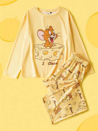 TOM & JERRY X SHEIN 女士卡通图案圆领长袖上衣和裤子睡衣套装，秋冬服装