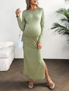 SHEIN Vestido de maternidad minimalista de unicolor, ajustado, sin espalda, de manga larga y con lazo en la espalda - Verde - Ver 2