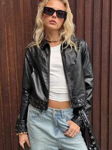 SHEIN EZwear 新款秋季黑色PU皮铆钉装饰短款夹克 - 黑色 - 查看 5