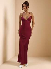 SHEIN BAE 杏色和白色深V领细肩带超长露背系带缎面鱼尾裙，优雅连衣裙，度假连衣裙，伴娘裙，生日派对连衣裙，毕业礼服，白色连衣裙 - 酒紅色 - 查看 4