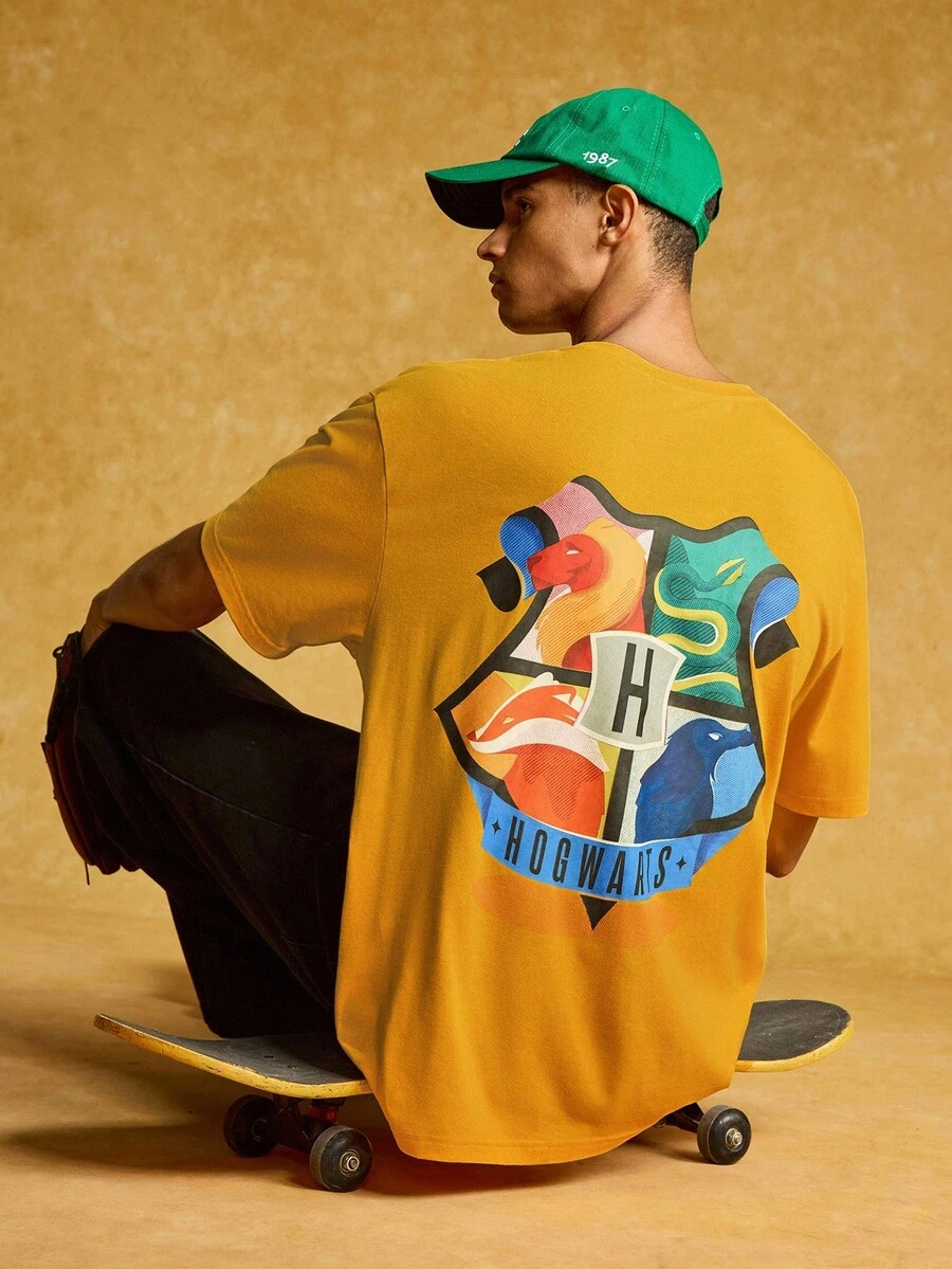 HARRY POTTER X SHEIN Men's Casual Loose Fit Animal Badge & Letter Print Drop Shoulder Short Sleeve T-Shirt, Summer