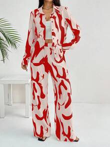 EMERY ROSE Bộ đồ 2 món tay dài họa tiết hoa hình học đen trắng thanh lịch, thoải mái khi đi làm trở lại trường dành cho nữ - Đỏ - Xem 3