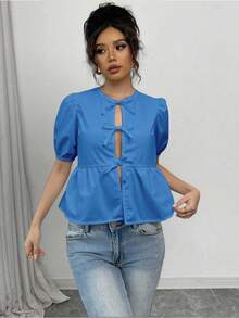 SHEIN Unity 女式夏季泡泡袖蝴蝶结衬衫 - 藍色 - 查看 5