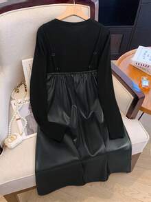 Rafferiza 女式圆领长袖休闲二合一 A 字型 PU 皮革连衣裙 - 黑色 - 查看 2