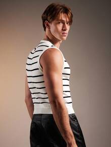 FeverCity Men's Casual Commuter Striped Pattern Slim Fit Sweater Vest, Autumn, For Fall Winter - Black and White - View 5