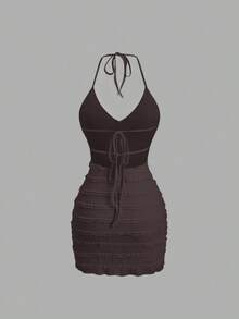 Sweetra Sweet Knit Texture Ruffle Trim Backless Lightweight Vacation Tie Strap Women Short Dress, Spring/Summer