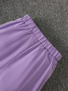 SHEIN [2件組] 嬰兒女童幼兒運動風拼色紫色白色粉色連帽長袖拉鍊夾克運動長褲套裝，休閒春秋冬穿著 - 紫色 - 查看 5