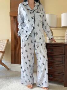 DAZY Ditsy Floral Contrast Lace Trim Women Pajama Set, Fall Clothes - White - View 7