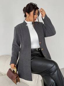 Firerie Áo khoác ngoài tay dài thanh lịch màu trơn cỡ lớn cài nút phía trước, áo khoác vest thu/đông cho nữ, áo khoác blazer nữ, áo khoác blazer nữ - Màu xám đen - Xem 8