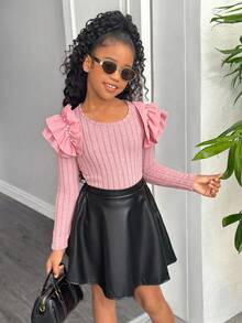 2pcs/Set Girls Elegant Pink Ruffled Pearl Decor Long Sleeve Ribbed Knit Top And PU Elastic Waist Skirt Set,Autumn Country Concert Outings Gatherings - Pink - View 4