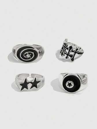 Goth 4pcs/Set, Fashionable Casual Punk Star Cross Rings, Couples Jewelry, Holiday Gift