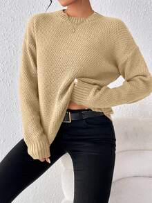 EMERY ROSE Suéter de cuello redondo de manga larga informal para mujer, otoño - Caqui - Ver 4