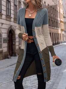 EMERY ROSE Women's Autumn Colorblock Geometric Textured Long Sleeve Single-Breasted Long Cardigan With Pockets - Multicolor - View 6