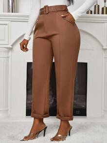 Zolique 女士休閒高腰束腰修身長褲，秋季 - 棕色 - 查看 4